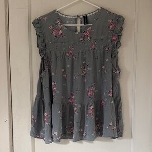 Sacred Threads Floral Ruffle Blouse - Sage and Pink